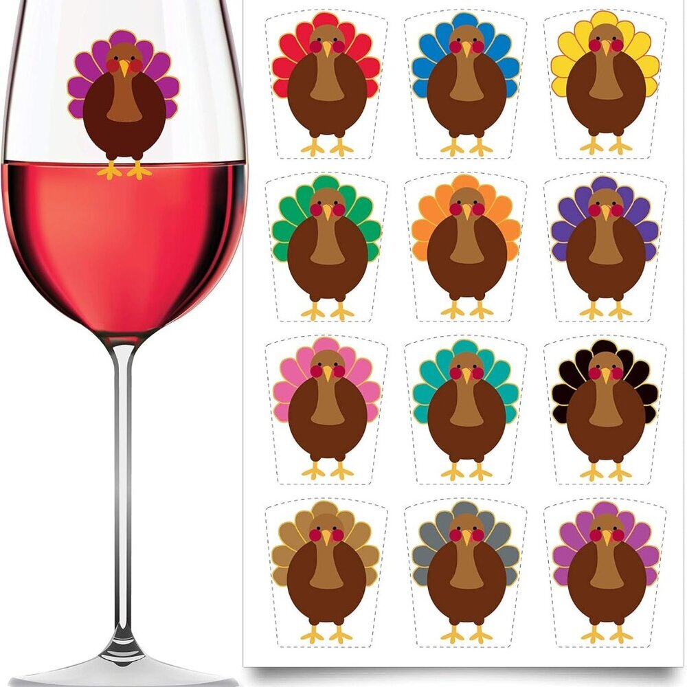 Drink Markers 12pc - Reuseable Static Cling Sticker Decals Thanksgiving Turkey